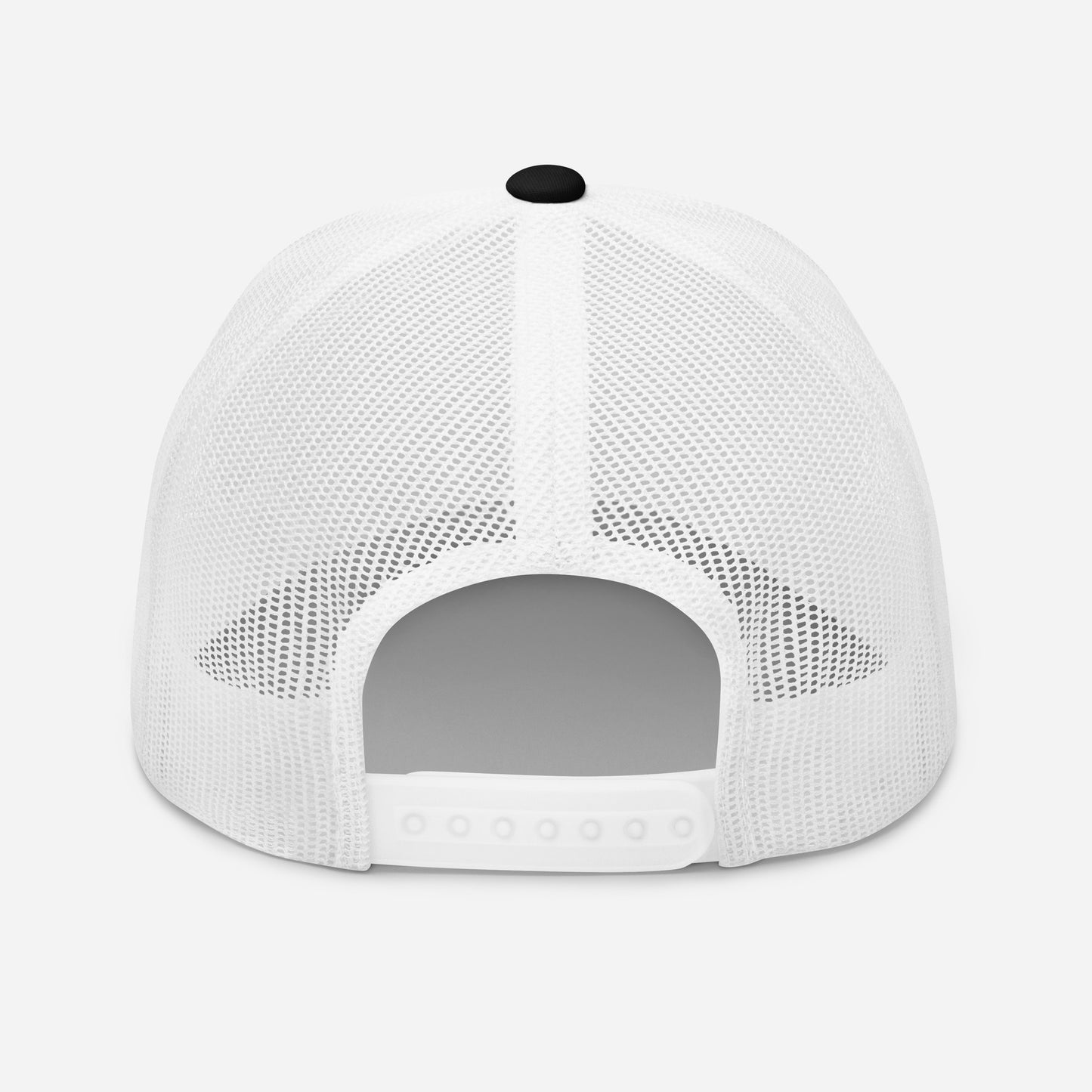 This is the Faith Positive Original trucker hat. The Faith Positive logo is embroidered on the front with white thread. This hat has a white mesh back with a black front and bill. This is the back view of the product.