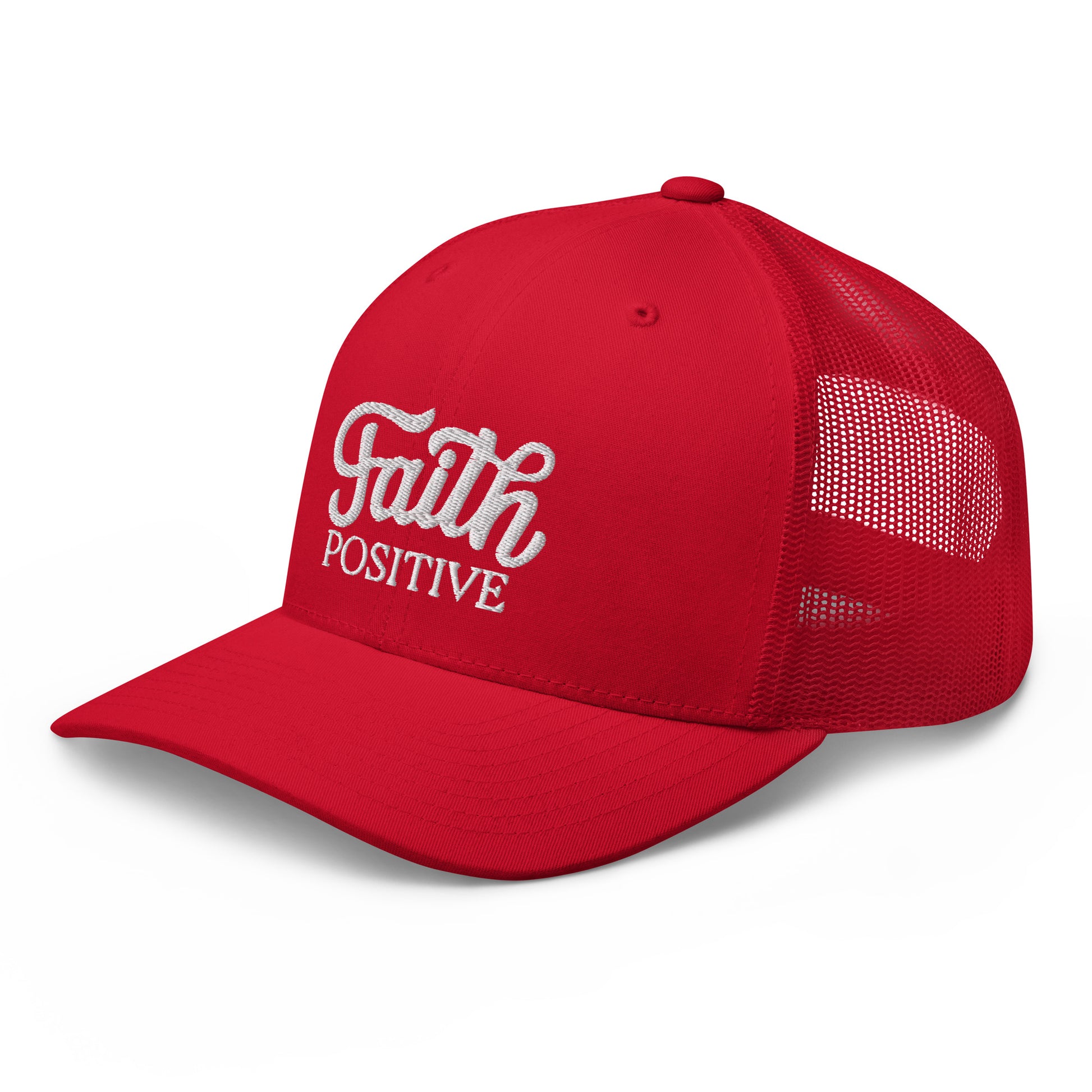 This is the Faith Positive Original trucker hat. The Faith Positive logo is embroidered on the front with white thread. This hat has a red mesh back with a red front and bill. This is a side view of this product.