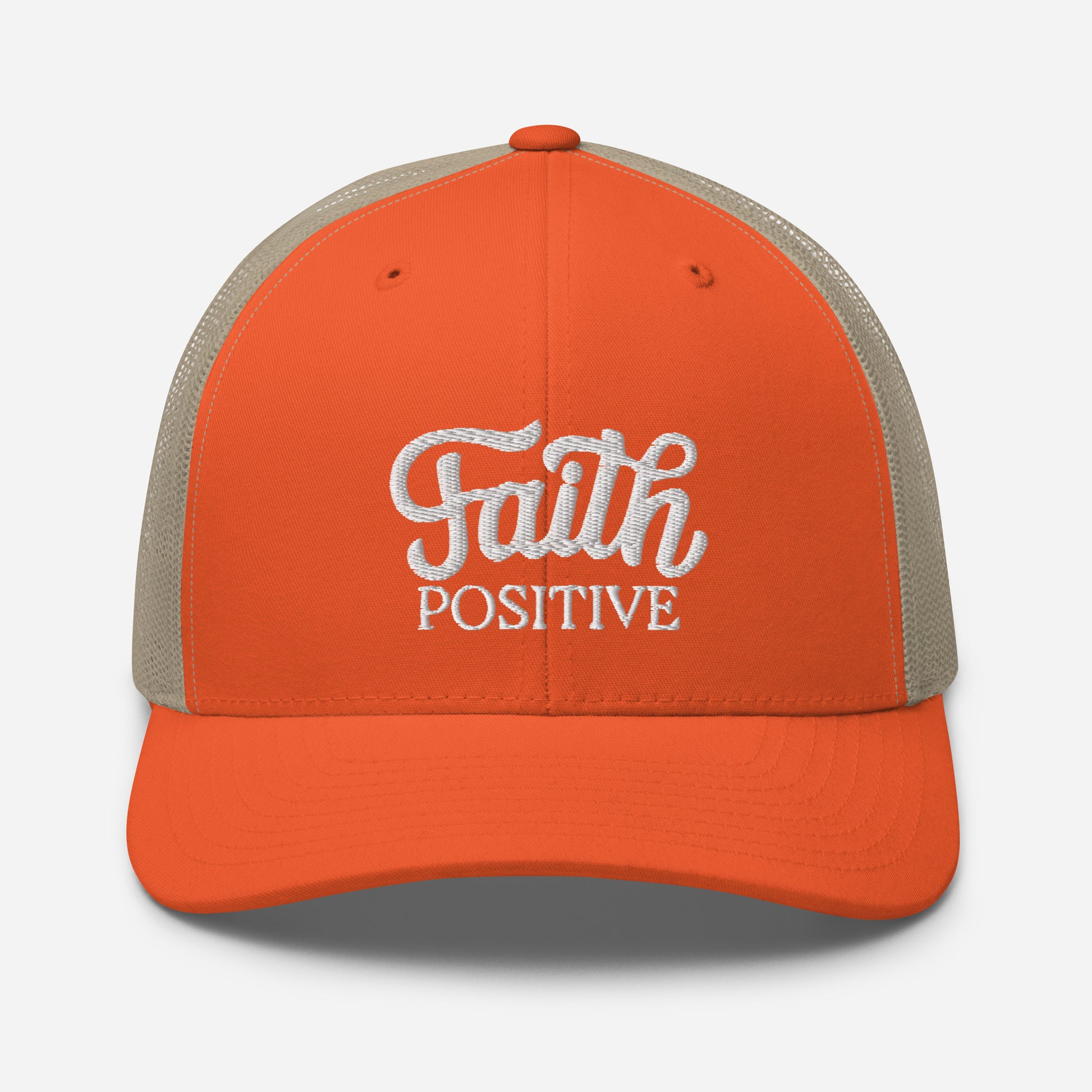 This is the Faith Positive Original trucker hat. The Faith Positive logo is embroidered on the front with white thread. This hat has a khaki mesh back with an orange front and bill. This is the front view of the product.